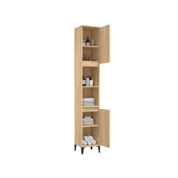 Armoire Salle de Bain Haute Chêne Colonne Salle de Bain 2 Placards Pieds Métal