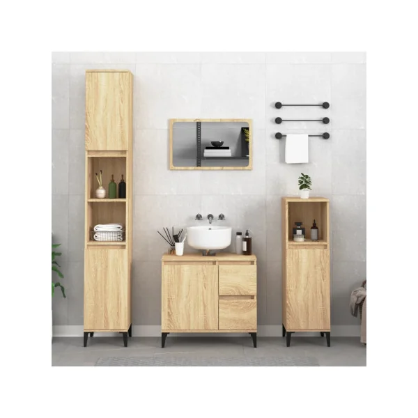 Armoire Salle de Bain Haute Chêne Colonne Salle de Bain 2 Placards Pieds Métal