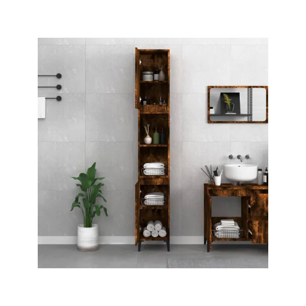 Armoire Salle de Bain Haute Chêne Fumé Colonne Salle de Bain 2 Placards Pieds Métal