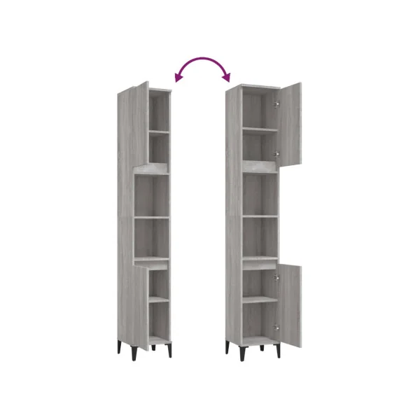 Armoire Salle de Bain Haute Chêne Gris Colonne Salle de Bain 2 Placards Pieds Métal