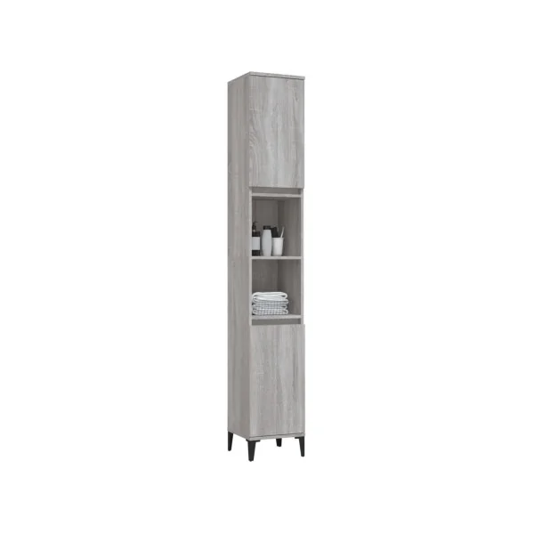 Armoire Salle de Bain Haute Chêne Gris Colonne Salle de Bain 2 Placards Pieds Métal