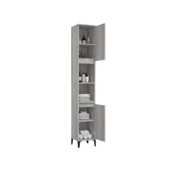 Armoire Salle de Bain Haute Chêne Gris Colonne Salle de Bain 2 Placards Pieds Métal