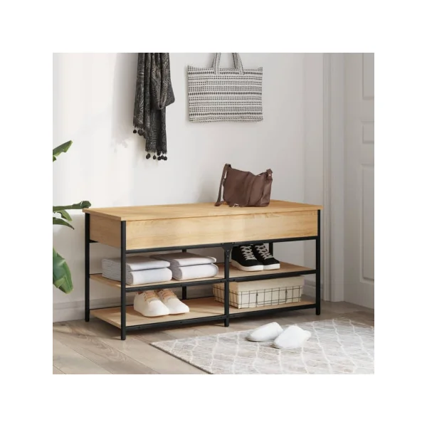 Banc Chaussures Chêne et Acier Coffre de Rangement Banc d'Entrée avec Etagère Chaussure