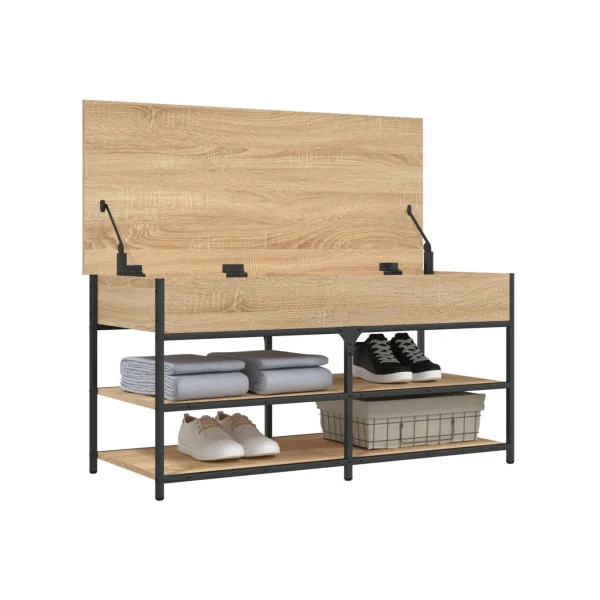 Banc Chaussures Chêne et Acier Coffre de Rangement Banc d'Entrée avec Etagère Chaussure