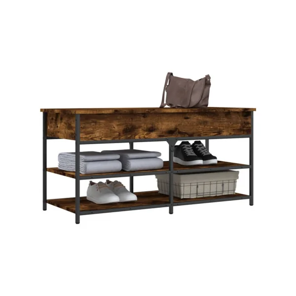 Banc Chaussures Chêne Fumé Acier Coffre de Rangement Banc d'Entrée avec Etagère Chaussure