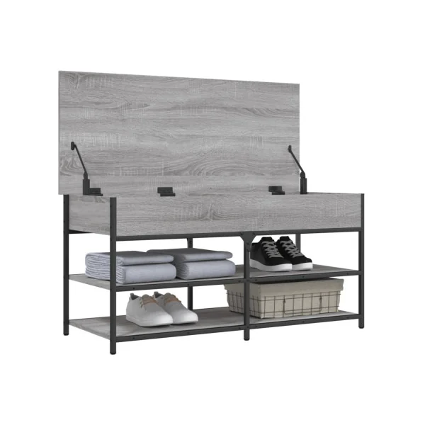 Banc Chaussures Chêne Gris Acier Coffre de Rangement Banc d'Entrée avec Etagère Chaussure