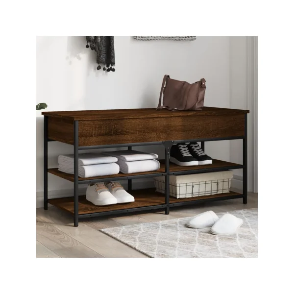 Banc Chaussures Chêne Marron Acier Coffre de Rangement Banc d'Entrée avec Etagère Chaussure