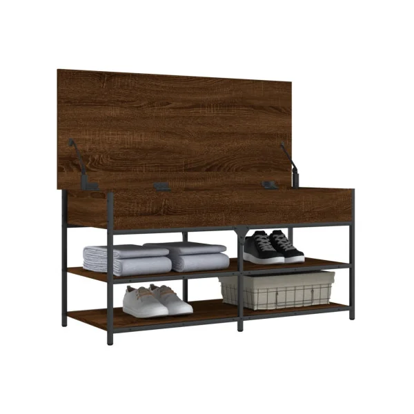 Banc Chaussures Chêne Marron Acier Coffre de Rangement Banc d'Entrée avec Etagère Chaussure