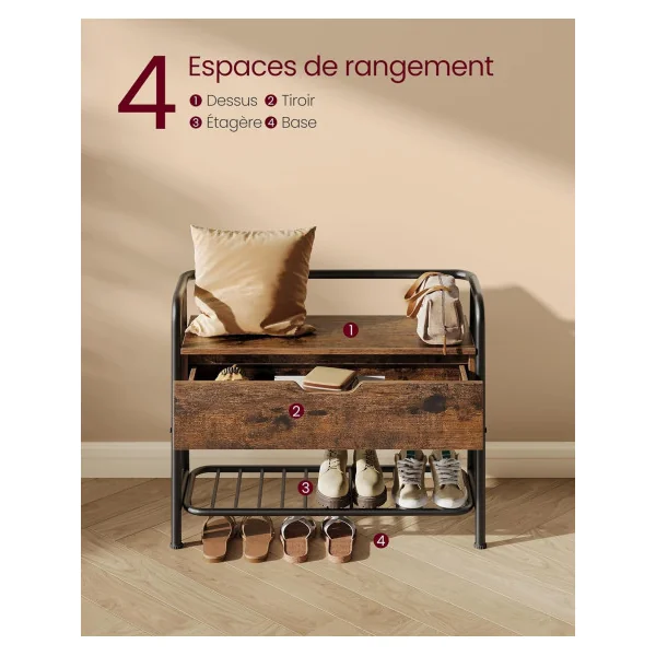 Banc Chaussures Industriel Meuble d'Entrée avec Grand Tiroir métal et bois