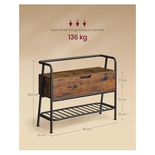 Banc Chaussures Industriel Meuble d'Entrée avec Grand Tiroir métal et bois