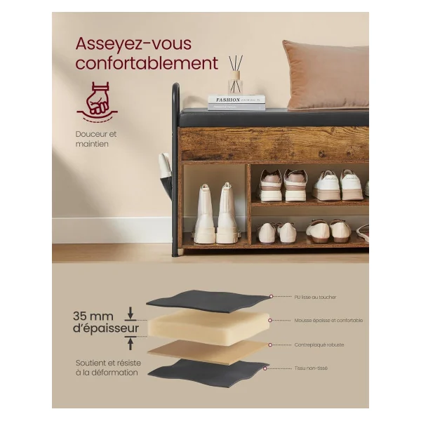 Banc Chaussures Rembourré 100 cm Coffre de rangement Banc d'entrée avec Etagère Chaussure Brun Rustique