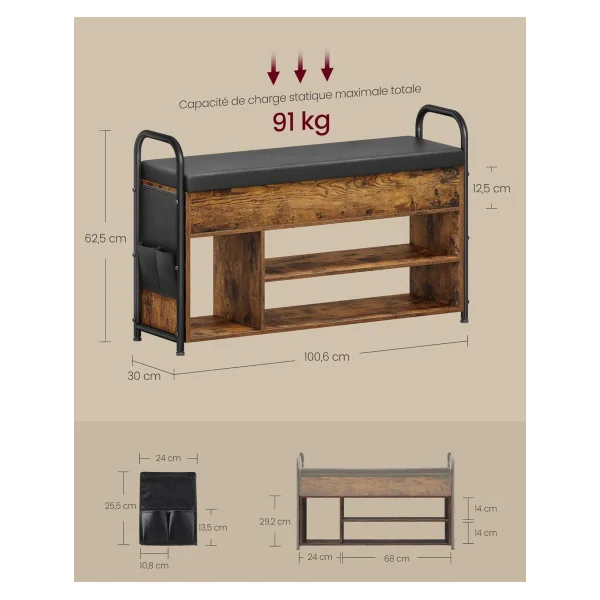 Banc Chaussures Rembourré 100 cm Coffre de rangement Banc d'entrée avec Etagère Chaussure Brun Rustique