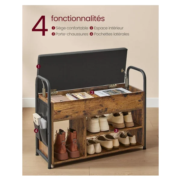 Banc Chaussures Rembourré 80 cm Coffre de rangement Banc d'entrée avec Etagère Chaussure Brun Rustique