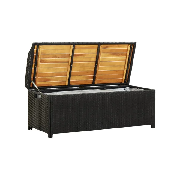 Banc de Jardin avec Coffre Rangement en Résine Tressée Noir 120 cm Dessus Acacia Massif