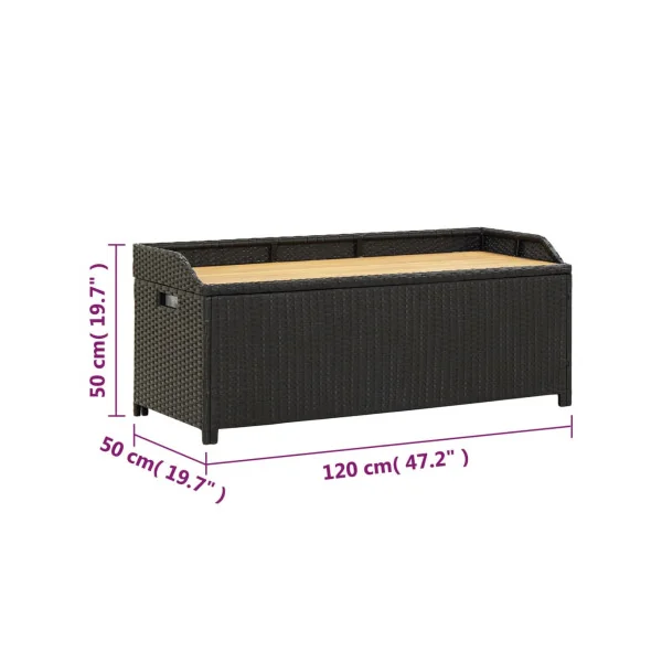 Banc de Jardin avec Coffre Rangement en Résine Tressée Noir 120 cm Dessus Acacia Massif