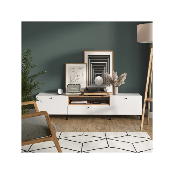 Banc TV Meuble TV Chêne Blanc avec Etagère 2 Placards 1 Tiroir Meuble Télévision Design Meuble Télé Moderne