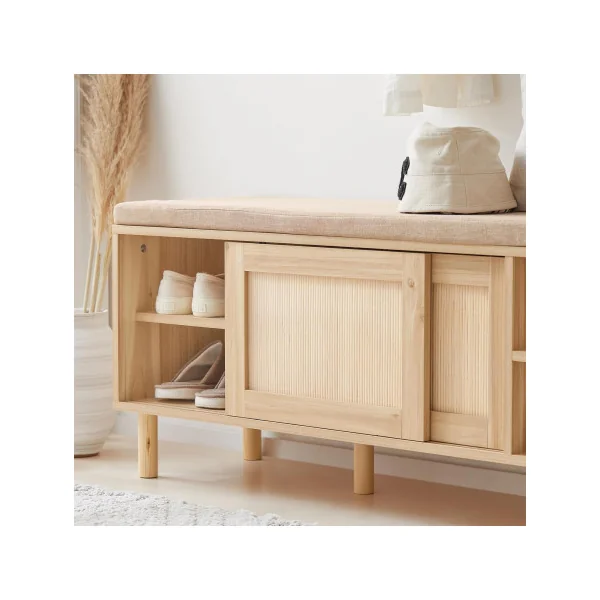Banc à Chaussures avec Coussin Meuble Chaussures Banc d'Entrée Portes Coulissantes