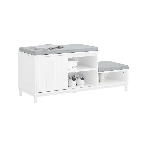 Banc à Chaussures Blanc avec Coussins Meuble Chaussures avec Porte Coulissante