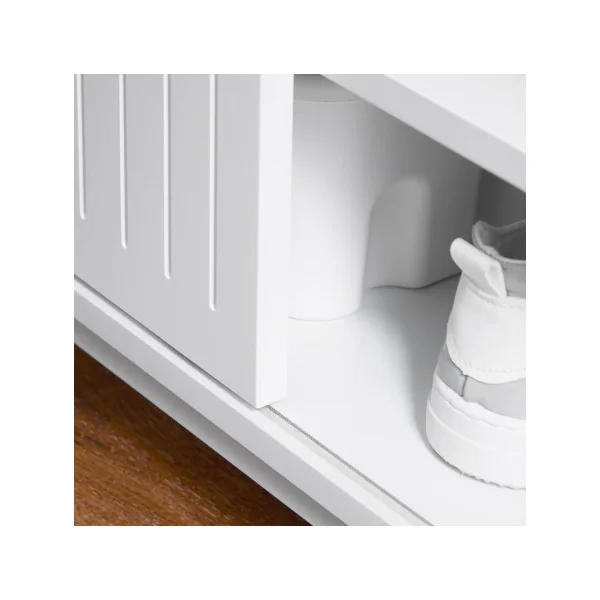 Banc à Chaussures Blanc avec Coussins Meuble Chaussures avec Porte Coulissante