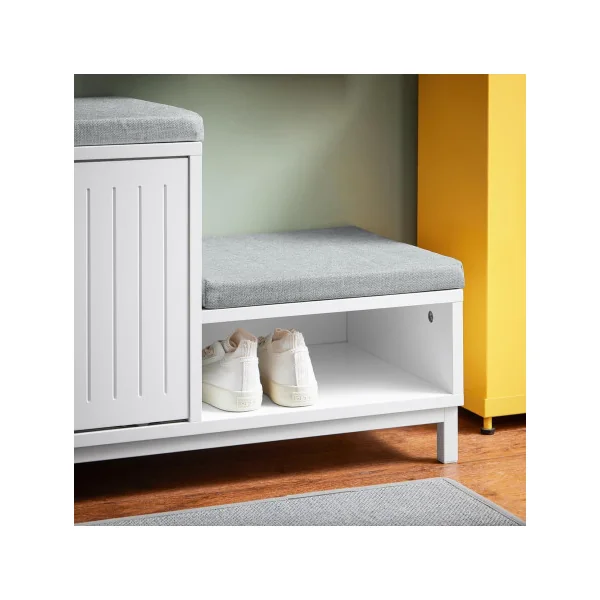 Banc à Chaussures Blanc avec Coussins Meuble Chaussures avec Porte Coulissante