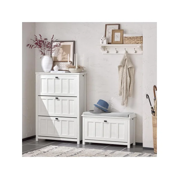 Banc à Chaussures Blanc effet Bois Armoire Chaussure 3 Abattants Meuble Chaussure Moderne