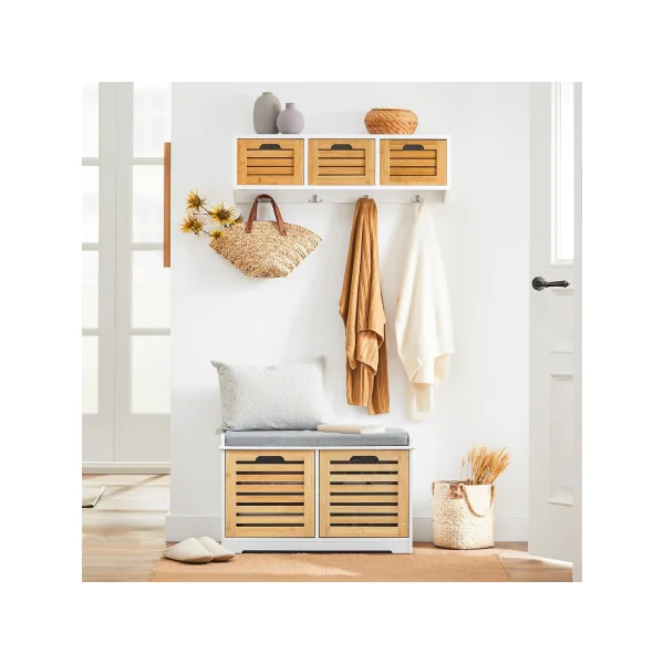 Banc à Chaussures Blanc et Bois 2 Portes avec Coussin Meuble Chaussures Moderne