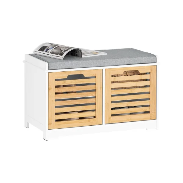 Banc à Chaussures Blanc et Bois 2 Portes avec Coussin Meuble Chaussures Moderne