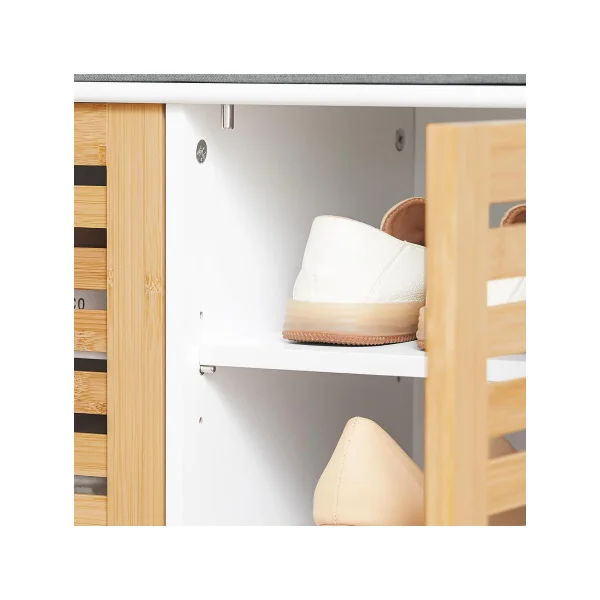 Banc à Chaussures Blanc et Bois 2 Portes avec Coussin Meuble Chaussures Moderne