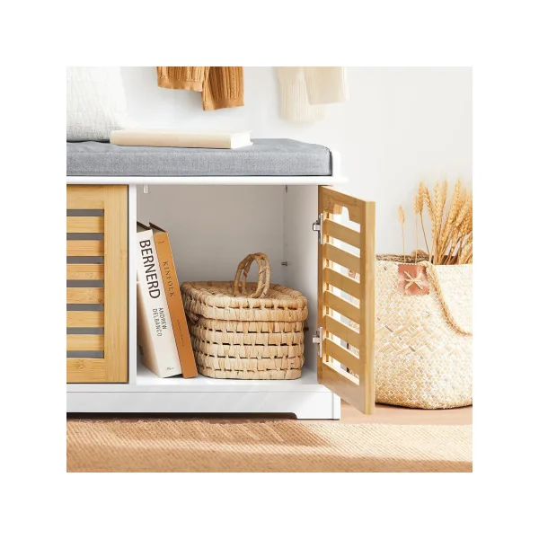 Banc à Chaussures Blanc et Bois 2 Portes avec Coussin Meuble Chaussures Moderne