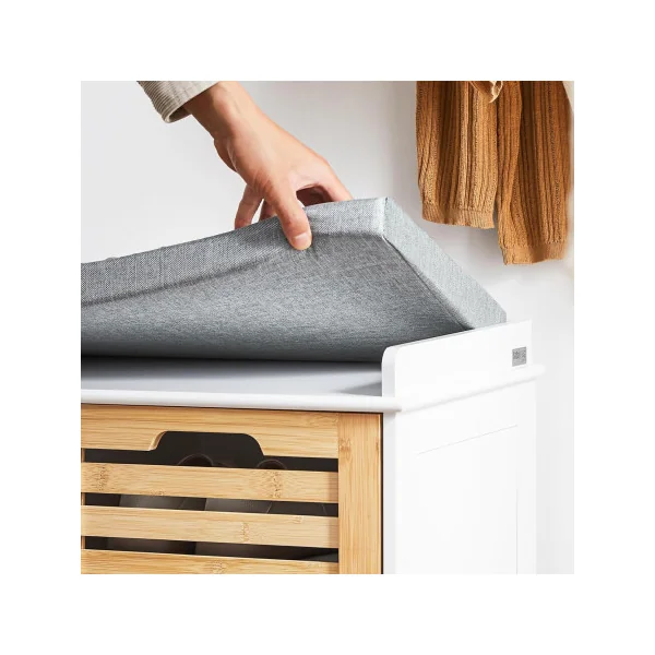 Banc à Chaussures Blanc et Bois 2 Portes avec Coussin Meuble Chaussures Moderne