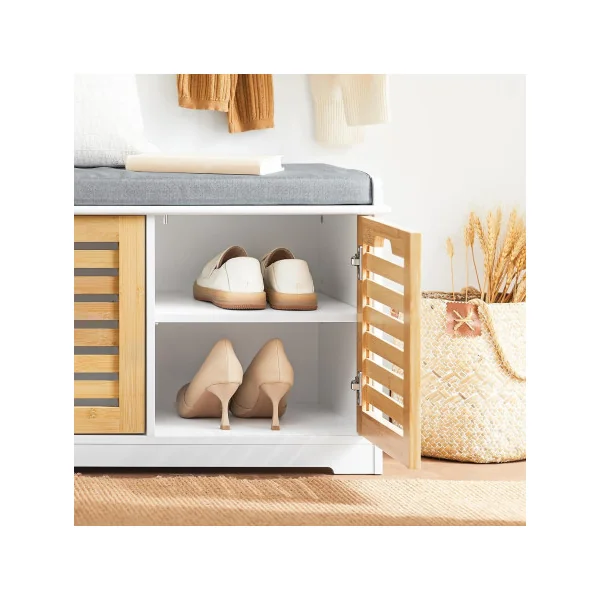 Banc à Chaussures Blanc et Bois 2 Portes avec Coussin Meuble Chaussures Moderne