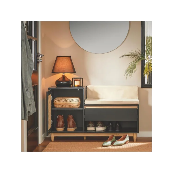 Banc à Chaussures Noir et Cannage avec Coussin Rangement Chaussures avec Grand Tiroir