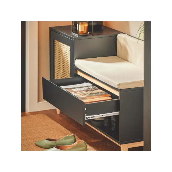 Banc à Chaussures Noir et Cannage avec Coussin Rangement Chaussures avec Grand Tiroir