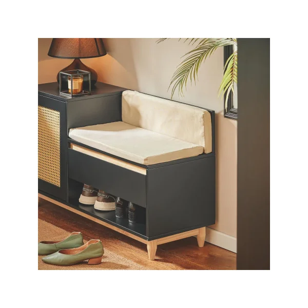 Banc à Chaussures Noir et Cannage avec Coussin Rangement Chaussures avec Grand Tiroir
