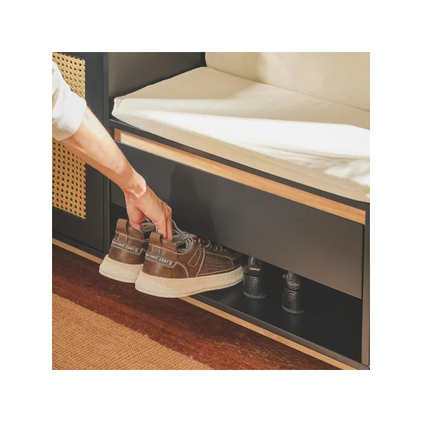 Banc à Chaussures Noir et Cannage avec Coussin Rangement Chaussures avec Grand Tiroir