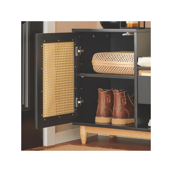 Banc à Chaussures Noir et Cannage avec Coussin Rangement Chaussures avec Grand Tiroir