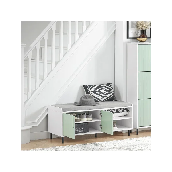 Banc à Chaussures Vert et Blanc Meuble Bas avec Rangement et Coussin Meuble Chaussure Moderne