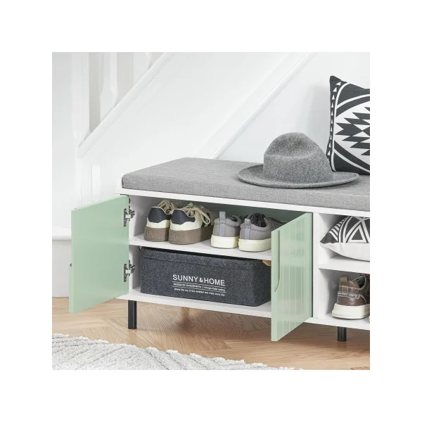 Banc à Chaussures Vert et Blanc Meuble Bas avec Rangement et Coussin Meuble Chaussure Moderne