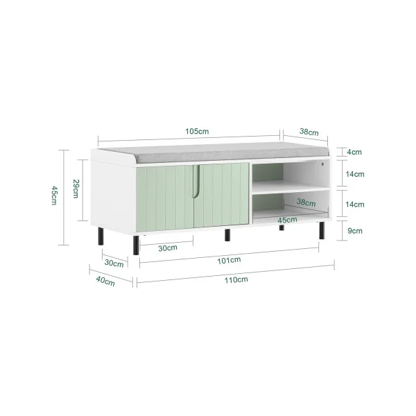 Banc à Chaussures Vert et Blanc Meuble Bas avec Rangement et Coussin Meuble Chaussure Moderne