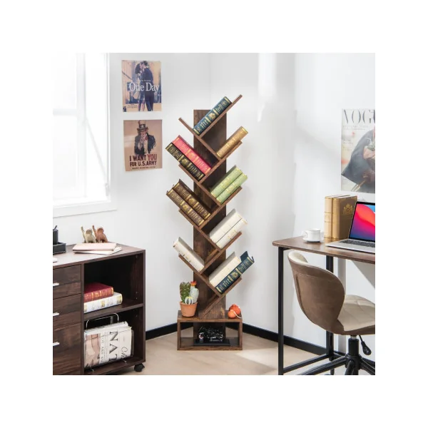 Bibliothèque 10 Niveaux avec Tiroir Étagère de Rangement DVD CD Brun Rustique