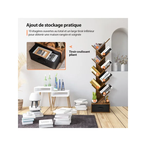 Bibliothèque 10 Niveaux avec Tiroir Étagère de Rangement DVD CD Brun Rustique