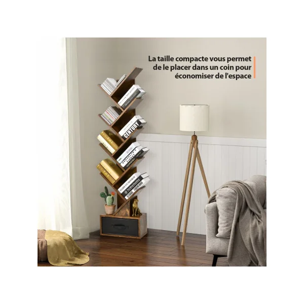 Bibliothèque 10 Niveaux avec Tiroir Étagère de Rangement DVD CD Brun Rustique