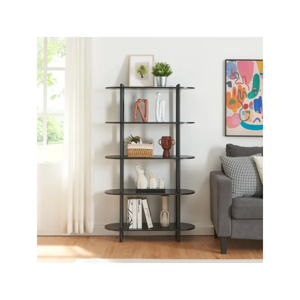 Bibliothèque 5 Etagère Livres Métal et Bois Noir Séparateur de Pièces 5 Niveaux
