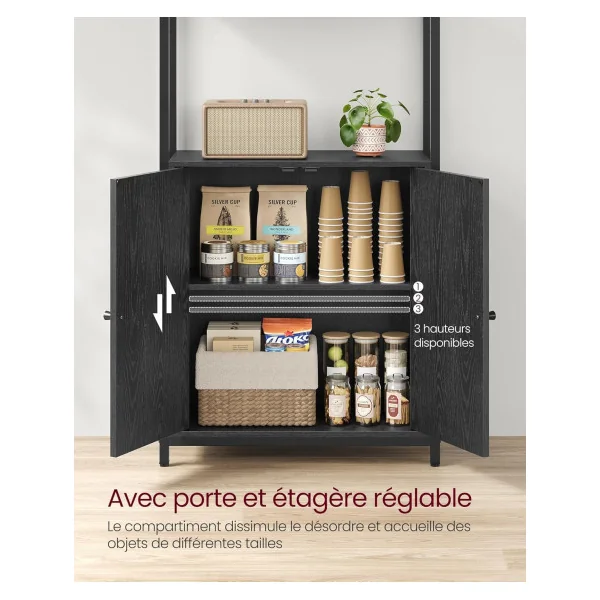 Bibliothèque 6 Niveaux avec Placard Noir Boisé Rustique Meuble Rangement Salon Chambre