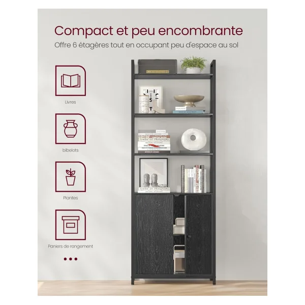 Bibliothèque 6 Niveaux avec Placard Noir Boisé Rustique Meuble Rangement Salon Chambre