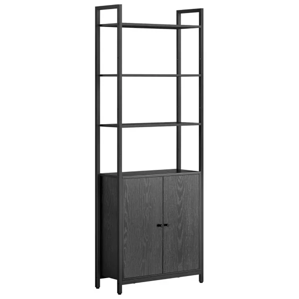 Bibliothèque 6 Niveaux avec Placard Noir Boisé Rustique Meuble Rangement Salon Chambre