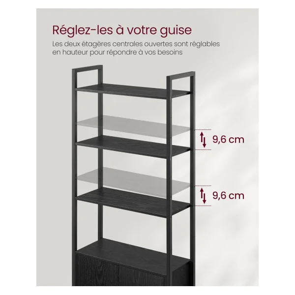 Bibliothèque 6 Niveaux avec Placard Noir Boisé Rustique Meuble Rangement Salon Chambre