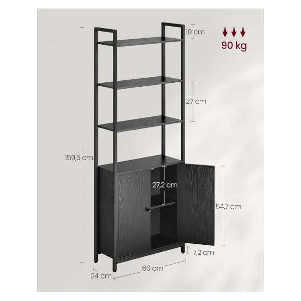 Bibliothèque 6 Niveaux avec Placard Noir Boisé Rustique Meuble Rangement Salon Chambre