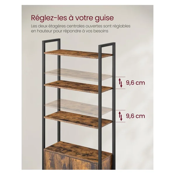Bibliothèque 6 Niveaux avec Placard Noir et Brun Rustique Meuble Rangement Salon Chambre