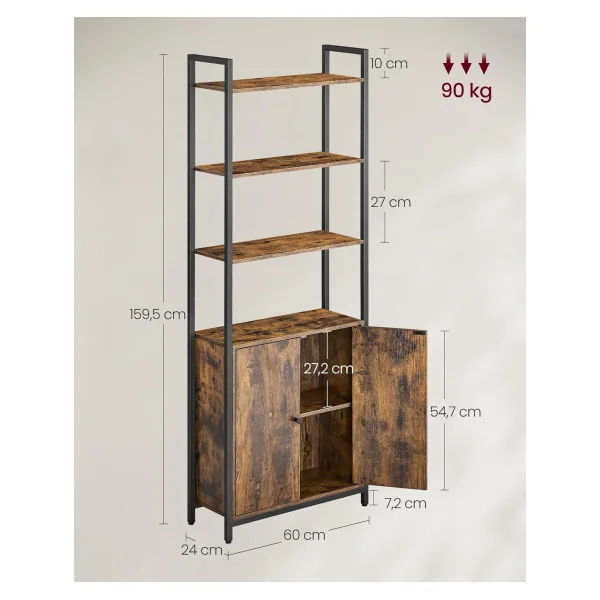 Bibliothèque 6 Niveaux avec Placard Noir et Brun Rustique Meuble Rangement Salon Chambre